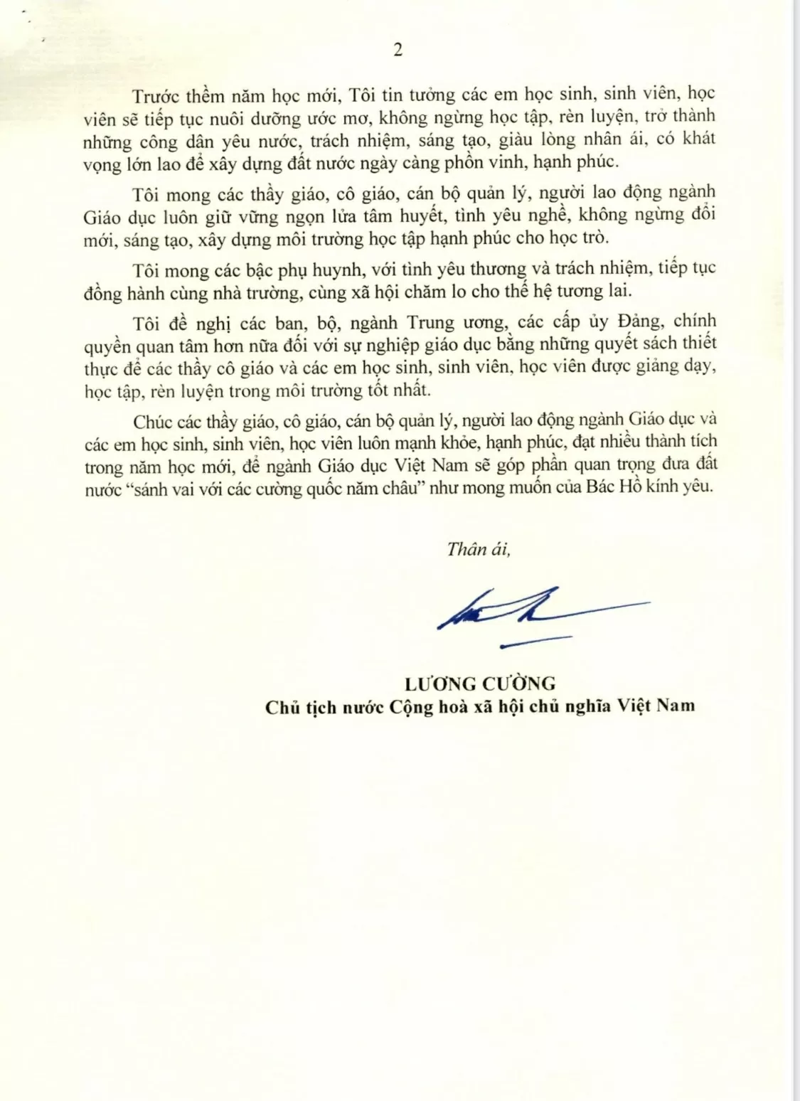Letter from President Luong Cuong to the Education Sector on the new academic year