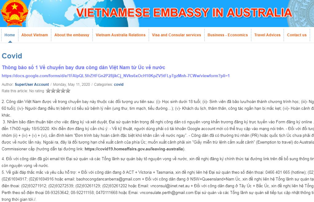 Dịch Covid-19: Thông báo số 1 của Đại sứ quán Việt Nam tại Australia về việc đưa công dân về nước