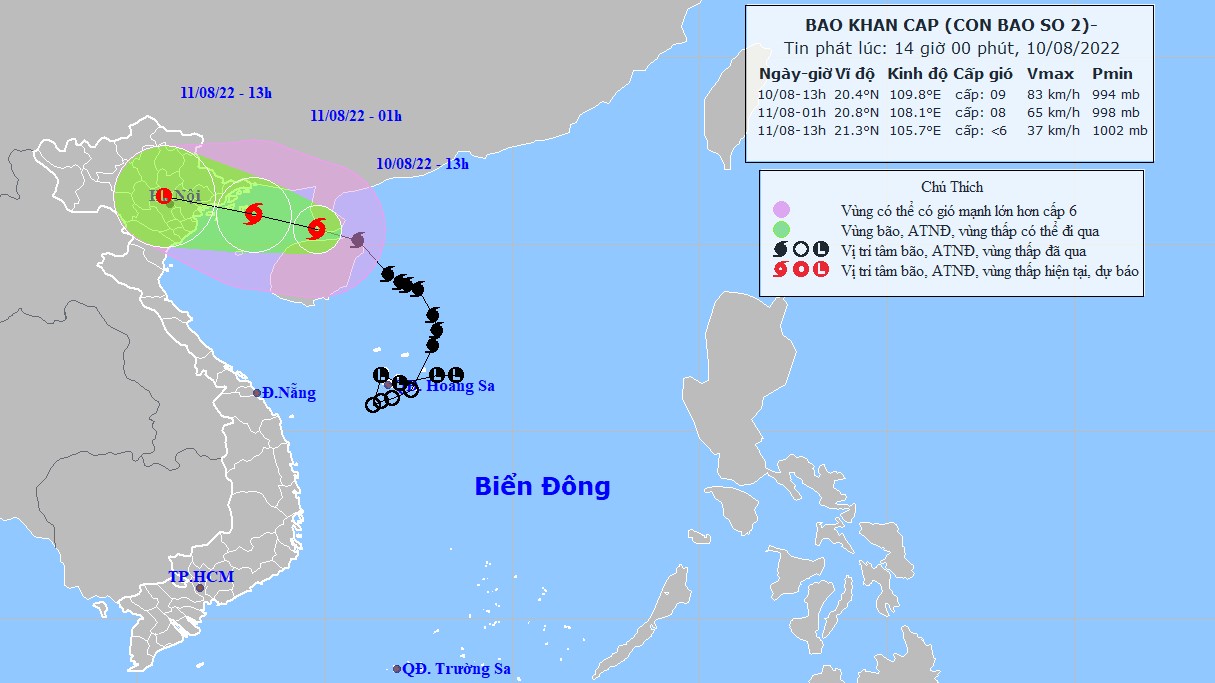 Dự báo hướng đi bão số 2: Tâm bão trên vùng biển Quảng Ninh-Nam Định; Hà Nội mưa to đến rất to