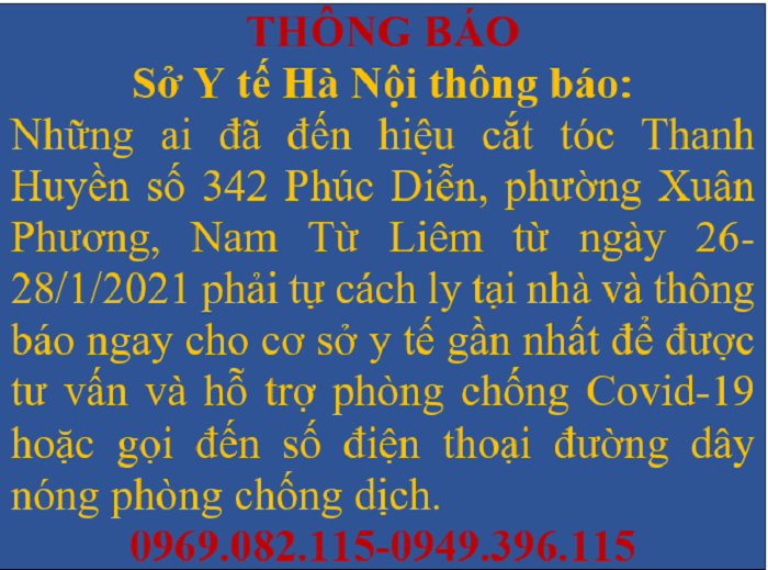 Covid-19 ở Việt Nam sáng 1/2: Thêm 2 ca mới trong cộng đồng, Hà Nội phát thông báo khẩn tìm người đến hiệu cắt tóc Thanh Huyền